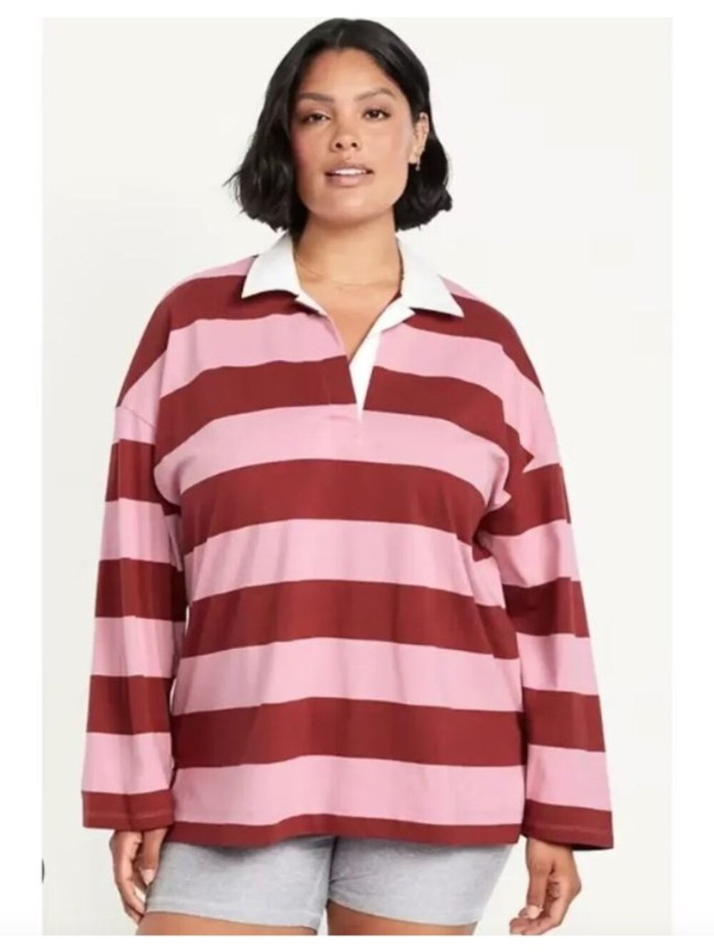 OLD NAVY Striped Polo Shirt Size XXL Womens Rugby Pink Long Sleeve Top NWT
